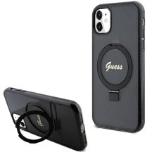 Guess Ring Stand Script Glitter MagSafe-Hülle für iPhone 11 / Xr – Schwarz