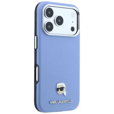 4. Karl Lagerfeld MagSafe-Schutzhülle mit genarbtem Karl-Kopf-Motiv für iPhone 18 Pro / 17 Pro – Hellblau