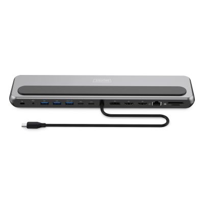 4. 12-Port-USB-C-Dockingstation, max. 8K/30Hz mit HDR, HDMI, DP, max. 3 Monitore (MST), USB-C 3.2 Gen2, Gigabit-Ethernet, SD/Micro-SD, Audio, PD 100W