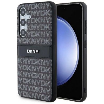 DKNY Leder-Monostreifen- und Metall-Logo-Hülle für Samsung Galaxy S24+ – Schwarz