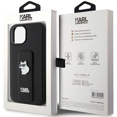 8. Karl Lagerfeld Gripstand Saffiano Choupette Pins Hülle für iPhone 15 – Schwarz