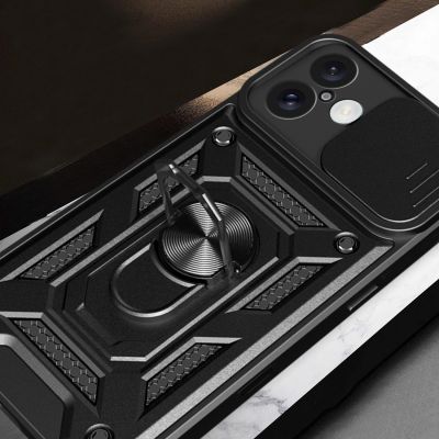 7. Hybrid Armor Camshield iPhone 16 Plus Panzerhülle mit Kameraabdeckung und Ständer – Schwarz