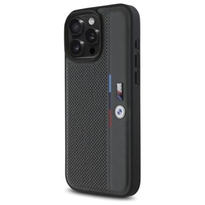 2. BMW M Perforated Tricolor Detail Line Hülle für iPhone 16 Pro – Dunkelgrau