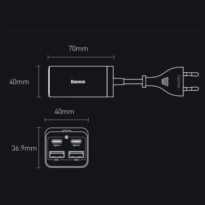 21. Baseus GaN3 Pro Schnellladegerät GaN 2 x USB Typ C / 2 x USB 65W PD, QC4.0+, AFC, PPS + Kabel USB Typ C - USB Typ C 1m schwarz (CCGP040101)