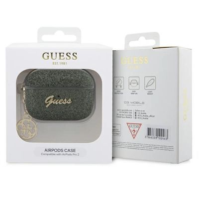 4. Guess GUAP2GLGSHA AirPods Pro 2 Cover Grün/Kaki Glitter Flake 4G Charm