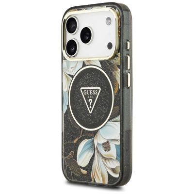 2. Guess IML Glitter Flowers Triangle MagSafe Hülle für iPhone 18 Pro Max / 17 Pro Max – Schwarz