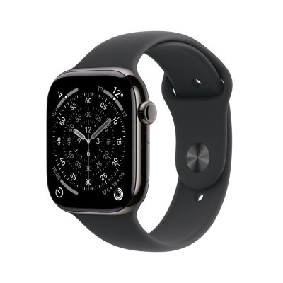 Apple Watch Series 11 Cellular 42 mm Gehäuse aus schiefergrauem Titan mit schwarzem Sportarmband – M/L