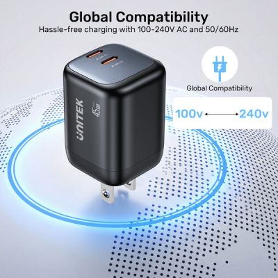 22. UNITEK 2x GAN 45W Ladegerät, 2x USB-C PD 3.0, QC, Schwarz