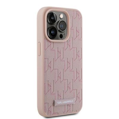 4. Karl Lagerfeld Leder-Monogramm-Metall-Logo-Hülle für iPhone 15 Pro Max – Rosa