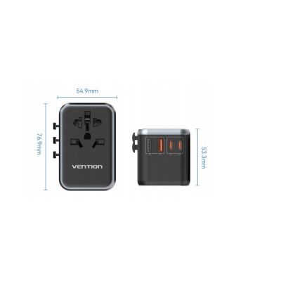 5. Vention 65W GaN Universal-Reiseadapter mit Ladegerät, 2x USB-A, 2x USB-C, Schwarz