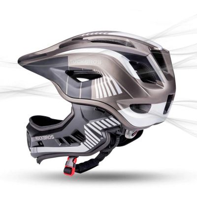 5. Rockbros TT-32SBTG-M Kinderfahrradhelm mit abnehmbarem Kinnbügel, Größe M – Grau