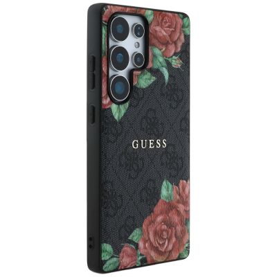 4. Guess Leather 4G Flowers Print Metal Classic Logo MagSafe Hülle für Samsung Galaxy S25 Ultra - Schwarz