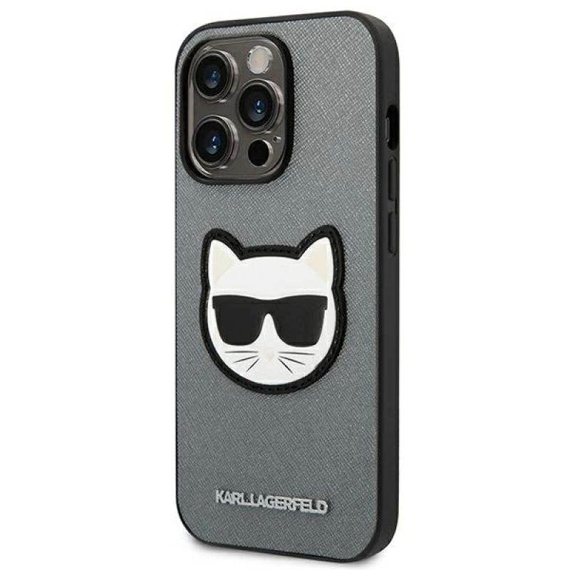2. Karl Lagerfeld Saffiano Choupette Head Patch Hülle für iPhone 14 Pro - Silber