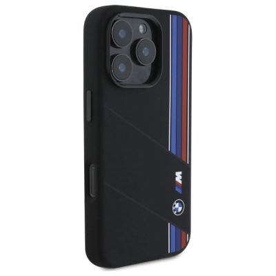 4. BMW Silikonhülle mit dreifarbigen Zierstreifen und MagSafe-Design für iPhone 16 Pro Max – Schwarz