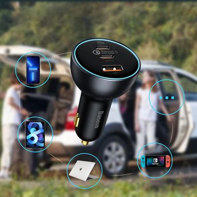 2. Baseus 160-W-Autoladegerät mit Qualcomm® Quick Charge™ 5-Technologie, 2x USB-C, 1x USB-A – Grau