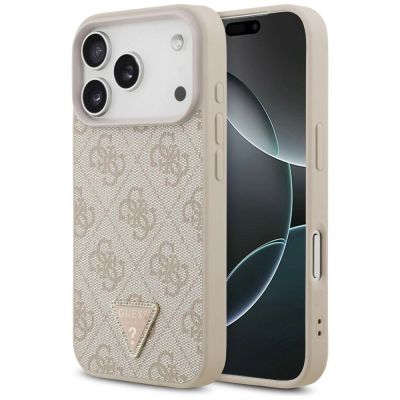 Guess Leder 4G Dreieck Strass MagSafe Hülle für iPhone 18 Pro / 17 Pro - Pink