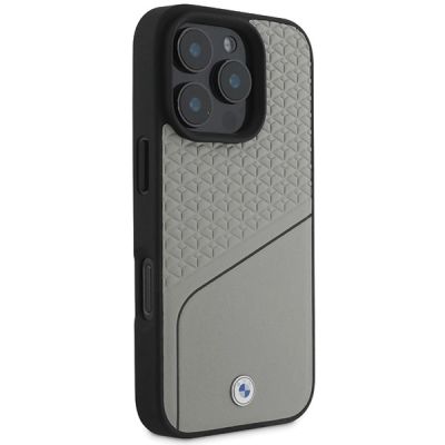 4. BMW Logo Lederstruktur und Line MagSafe Hülle für iPhone 16 Pro - Grau