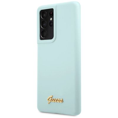 6. Guess, GUHCS21LLSLMGLB S21 Ultra G998 blau/blaues Hardcase Silikon-Schriftzug-Metall-Logo