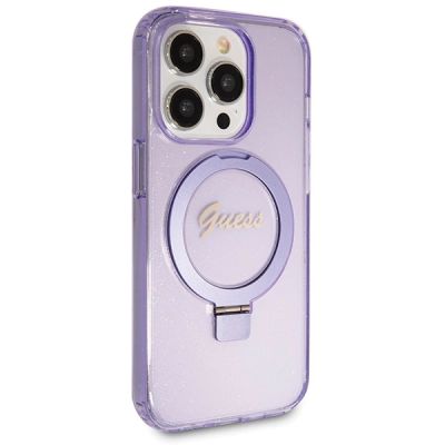 4. Guess Ring Stand Script Glitter MagSafe Hülle für iPhone 14 Pro – Lila