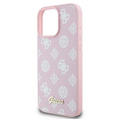 6. Guess MagSafe Hülle mit Pfingstrosen-Schriftzug für iPhone 16 Pro – Rosa