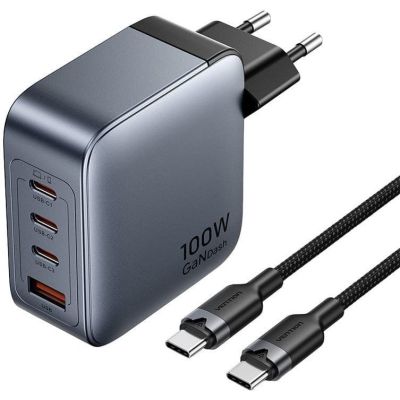 Vention 100W GaN-Ladegerät, 1x USB-A, 3x USB-C + 1 m USB-C-zu-USB-C-Kabel