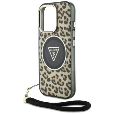 5. Guess HC IML Leopard Triangle Cord Strap MagSafe Case für iPhone 16 Pro - Braun