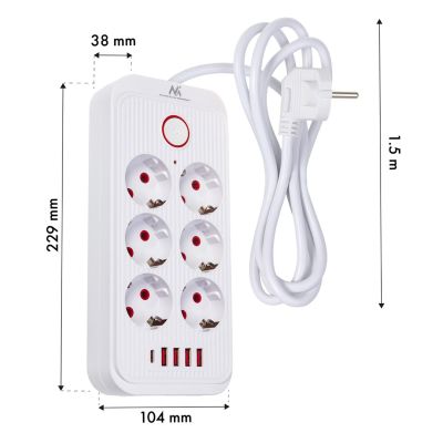 7. MACLEAN Steckdosenleiste, Verlängerungskabel mit 6 Steckdosen + 4 USB-Anschlüssen, 110–240 V Wechselstrom, 50/60 Hz, max. 2,1 A, 2500 W, 1,5 m, Weiß, MCE389W