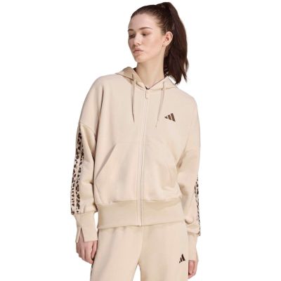adidas Damen-Kapuzenpullover mit durchgehendem Reißverschluss, Animal-Print, 3-Streifen, Beige KH1547