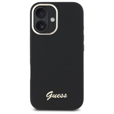 3. Guess Silikonhülle mit Metalllogo und Rahmen für iPhone 16 – Schwarz