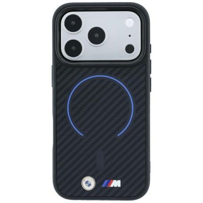 3. BMW M Kevlar Blue Print Ring Metal Logo MagSafe Hülle für iPhone 18 Pro Max / 17 Pro Max - Schwarz