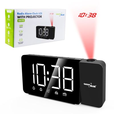 10. GREENBLUE DIGITAL-LED-ALARMRADIO MIT GREENBLUE-PROJEKTOR, FM-RADIO, ALARM, UHR 12/24, USB-NETZTEIL 5V DC + CR2032 GB172