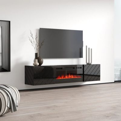 2. TV-Schrank LUXE 182,6 x 34,5 x 37,5 cm, schwarz/glänzend schwarz + schwarzer Kamin