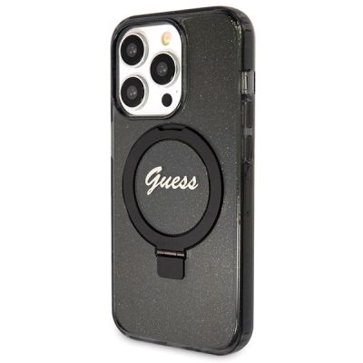 2. Guess Ring Stand Script Glitter MagSafe-Hülle für iPhone 13 Pro Max – Schwarz