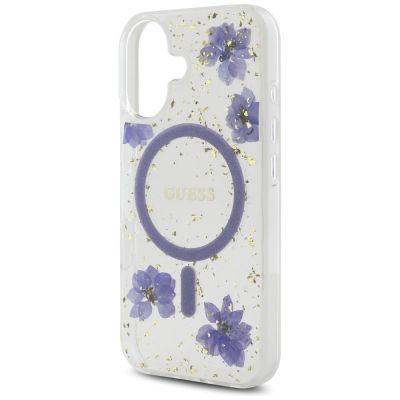 6. Guess Resin Flowers Glitter MagSafe Hülle für iPhone 16 - Lila