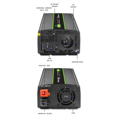 11. Qoltec Monolith 2000 MS Wave Spannungswandler | 12 V auf 230 V | 1000/2000 W | USB