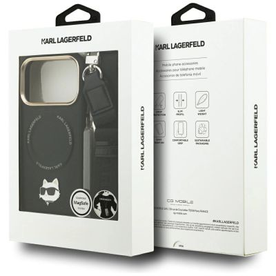 10. Karl Lagerfeld Big Strap Choupette Metal Logo MagSafe Hülle für iPhone 17 Pro Max – Schwarz