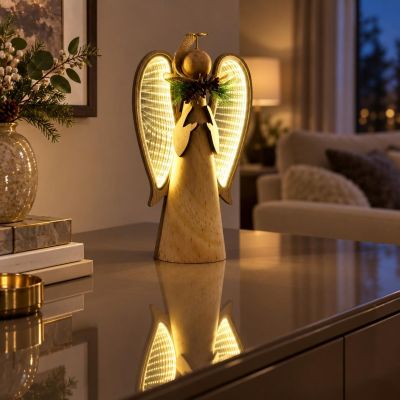 6. Dekorativer Holzengel mit LED-Beleuchtung, Höhe: 30 cm, USB-Anschluss