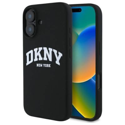 DKNY Silikon-MagSafe-Hülle mit weißem bedrucktem Logo für iPhone 16 – Schwarz