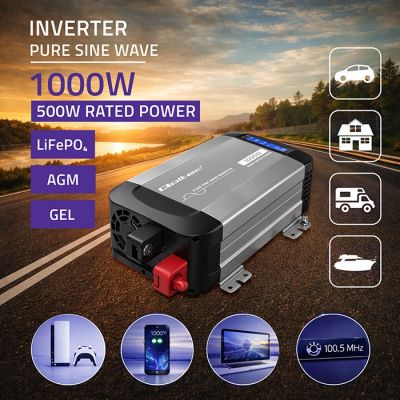 3. Qoltec Sinus-Spannungswandler | 12 V auf 230 V | 500/1000 W | LCD | USB | USB-C | Kompatibel mit LiFePO4-, GEL- und AGM-Akkus