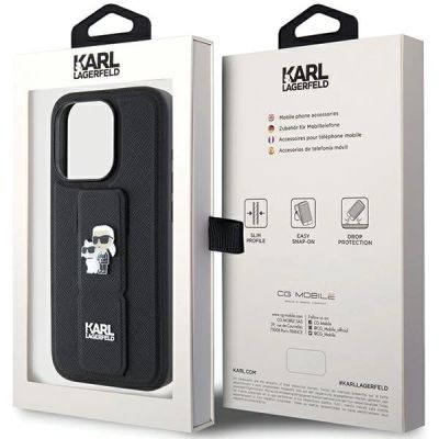 9. Karl Lagerfeld Gripstand Saffiano Karl&Choupette Pins Hülle für iPhone 15 Pro – Schwarz