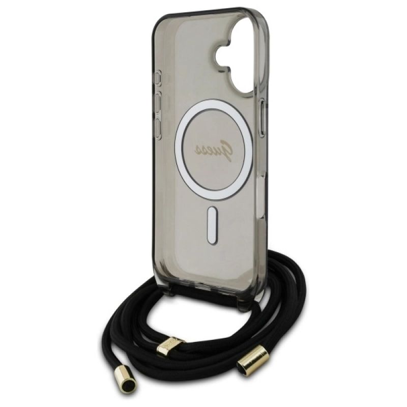 6. Guess Crossbody Cord Script MagSafe Hülle für iPhone 16 – Schwarz