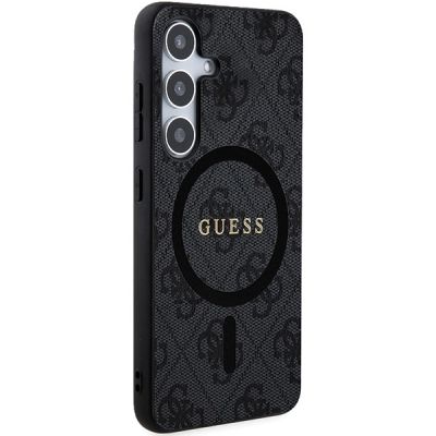 3. Guess 4G Collection Leder Metall Logo MagSafe Hülle für Samsung Galaxy S24 – Schwarz