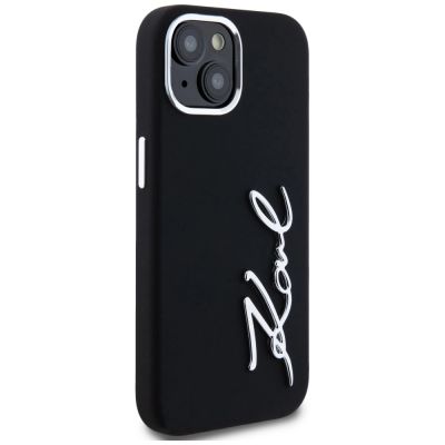 4. Karl Lagerfeld Silikon Metall Script Logo iPhone 15 Hülle - Schwarz