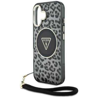 5. Guess HC IML Leopard Triangle Cord Strap MagSafe iPhone 16 Hülle - Schwarz