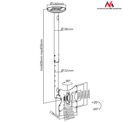 3. Maclean MC-504B TV-Deckenhalterung (schwenkbar, neigbar; 23" - 42"; max. 30 kg)