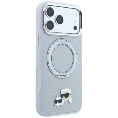 4. Karl Lagerfeld mit Ringständer 360 Karl & Choupette Köpfe Pin MagSafe Hülle für iPhone 18 Pro / 17 Pro - Grau