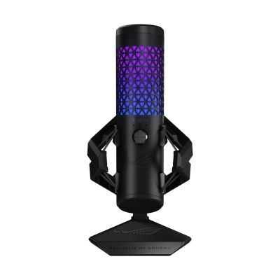 4. ASUS ROG Carnyx USB-Gaming-Mikrofon (25-mm-Kondensatorkapsel, 192 kHz/24 Bit, Niere, Hochpassfilter, integrierter Popfilter, Metall-Schwingungsdämpfer, Stummschaltung per Knopfdruck, USB, Aura Sync RGB) – Schwarz