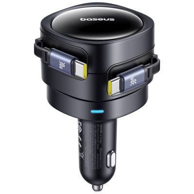 2. Baseus Enjoyment Max 60W Autoladegerät mit zwei einziehbaren USB-C-Kabeln – Schwarz
