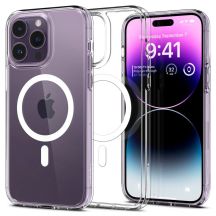 Spigen Ultra Hybrid Mag Case mit MagSafe für iPhone 14 Pro – Transparent und Weiß