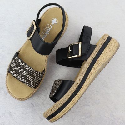 3. Schwarze Keilsandalen aus Leder für Damen mit Klettverschluss, Rieker V0951